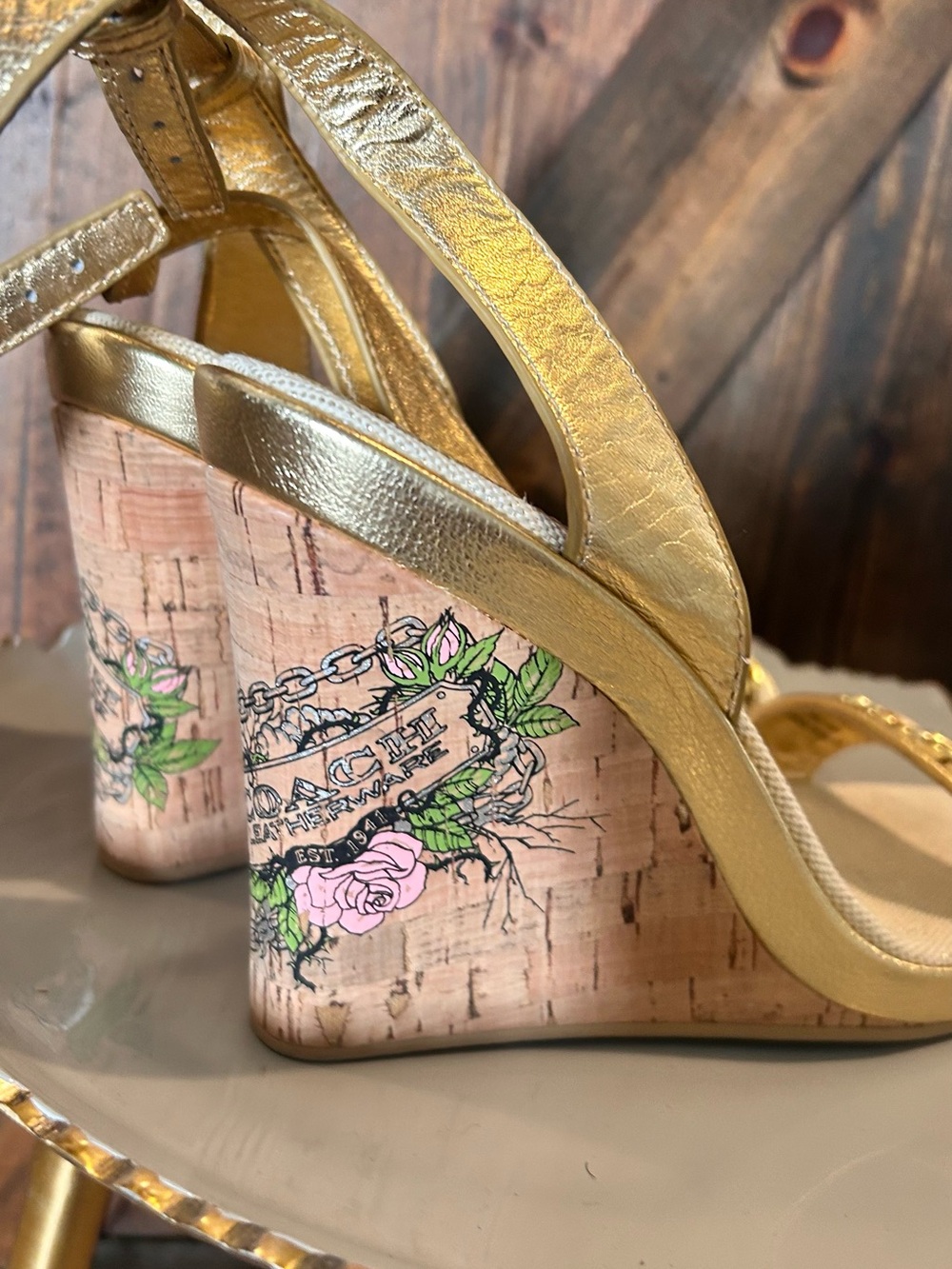 Coach Y2K Metallic Gold Floral Cork Wedge Sandals